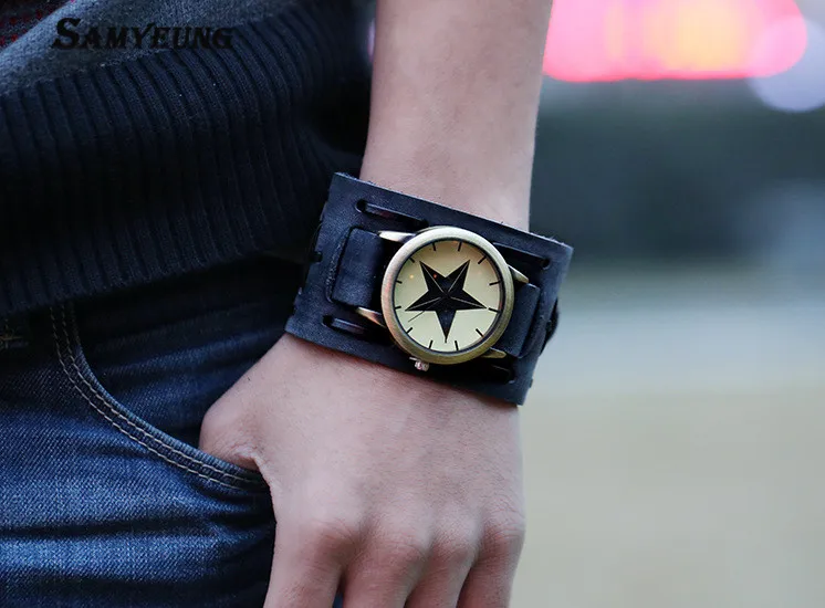 Винтажные кожаные браслеты большие цифровые часы со звездой наручные для мужчин