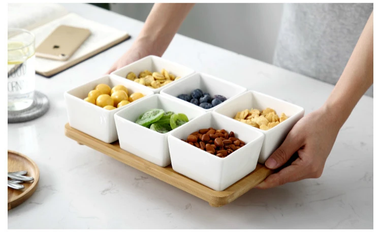Керамические DIY отдельные квадратные закуски для посуды сухая фруктовая десертная тарелка с бамбуковым поддоном орех салатник набор домашний контейнер для еды блюдце