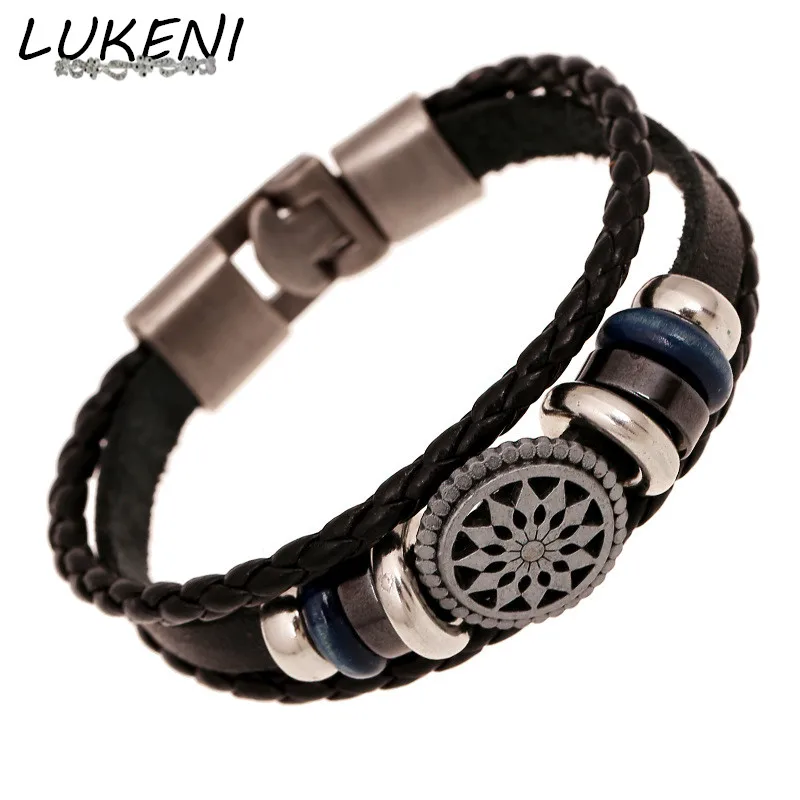 LUKENI Vintage Engraved Genuine Leather Bracelet Homme Handmade Loom Bands Paracord Bracelets &amp Bangles Women Men Jewelry SL007 |
