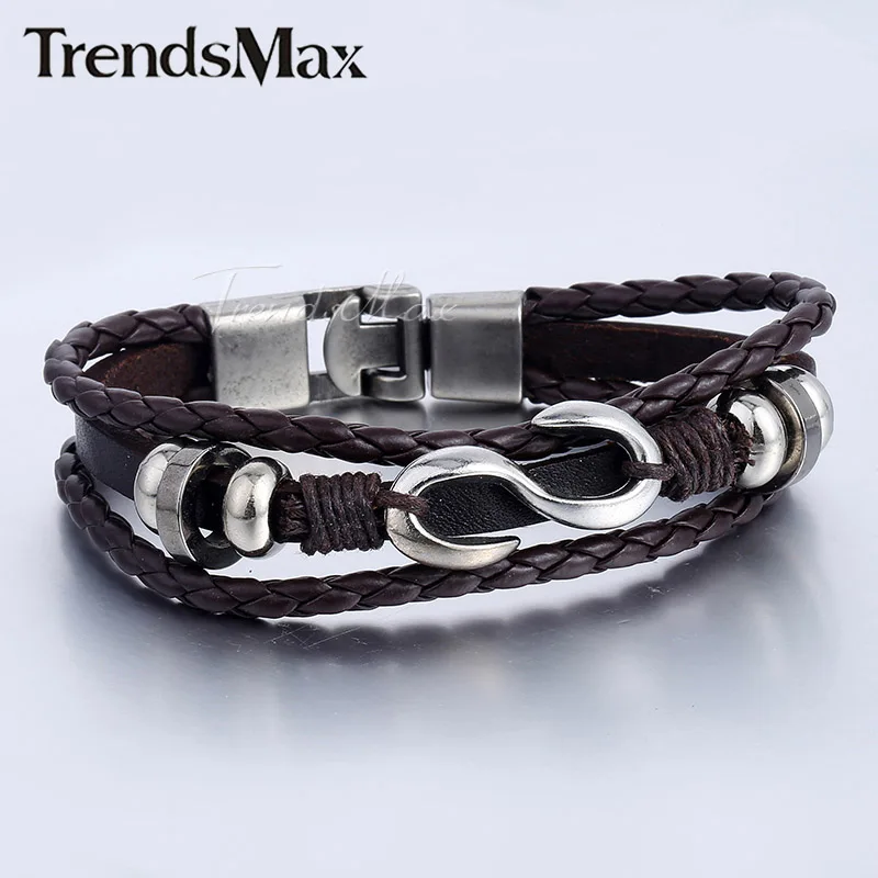 Trendsmax, мужской кожаный браслет, черный, коричневый, 3 нити, цепочка, кожаные браслеты для мужчин, Буква s, шарм,, ювелирное изделие, KLBM105 - Окраска металла: LB676 Brown