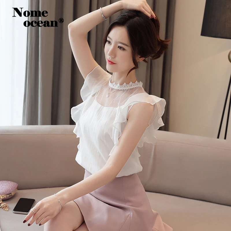 Sweet Embroidered Lace Patchwork Chiffon Blouses Ruffle Short Sleeve Shirt White Tops of Women Office Lady Top M19052627 |