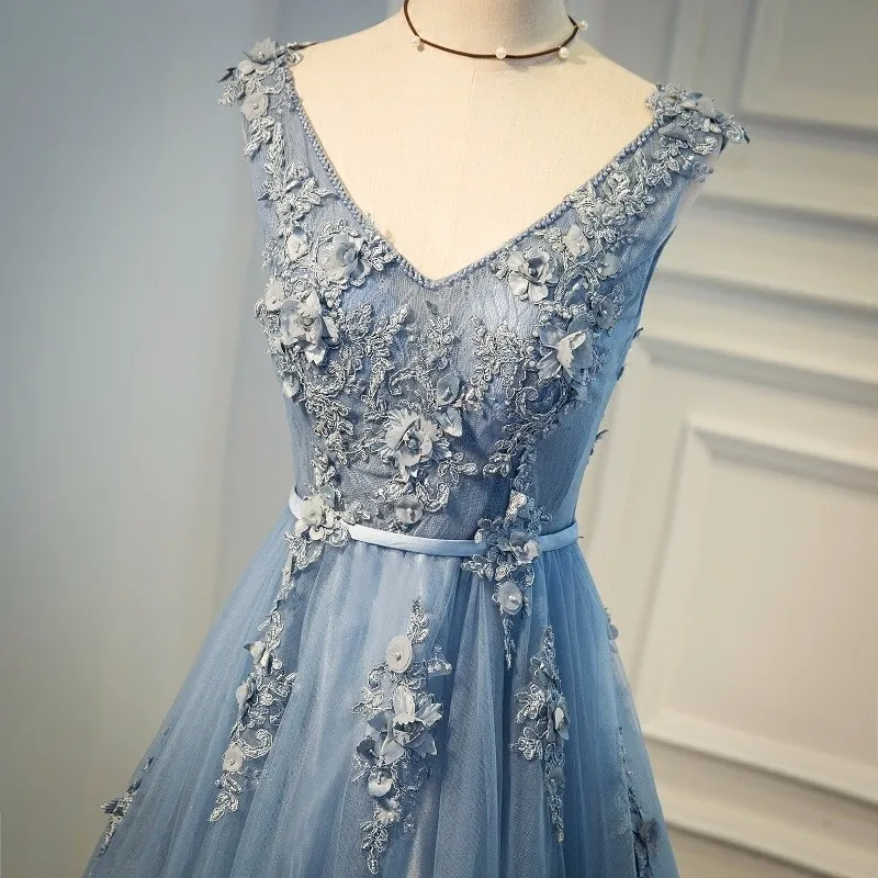 Elie Saab синие вечерние платья размера плюс Тюль Аппликации Длинные вечерние платья V образным вырезом на шнуровке Без Рукавов robe De Soiree