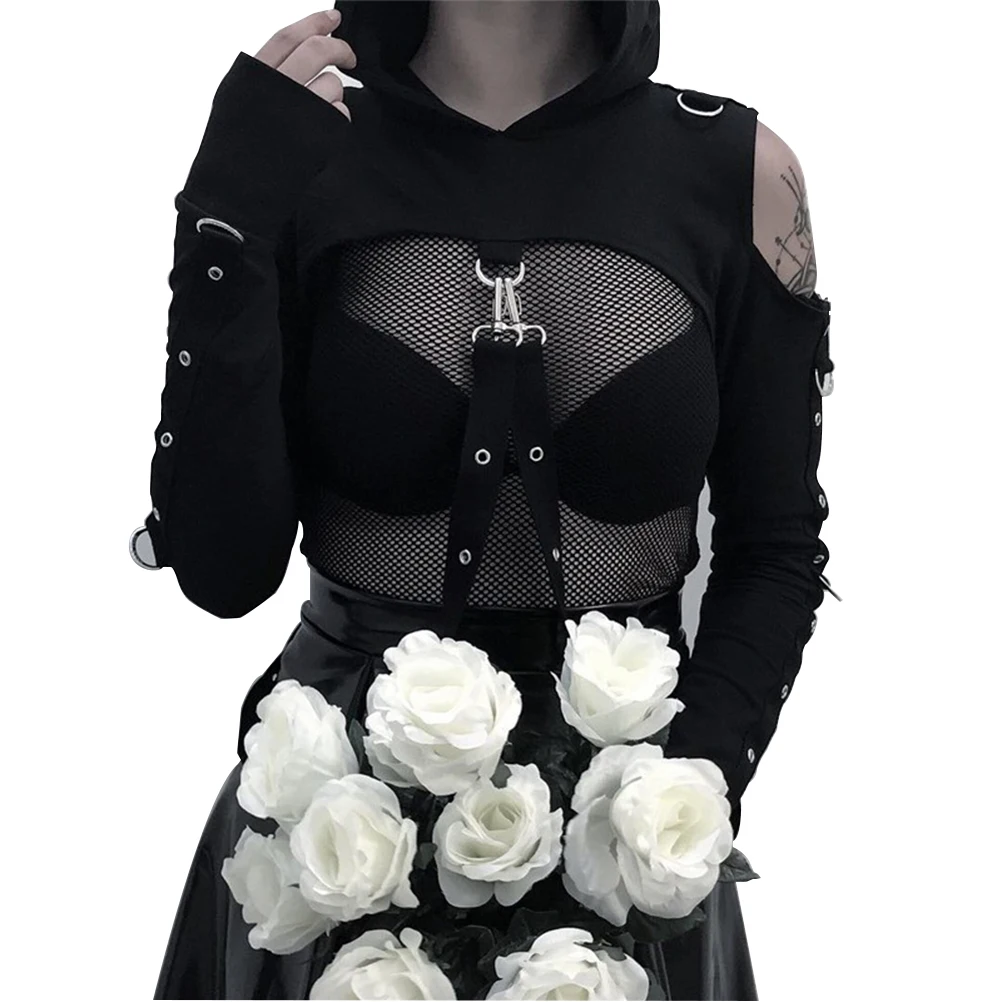 Модные комплекты в стиле панк для женщин черные подтяжки платье и толстовки Harajuku