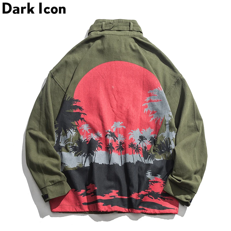 Японские куртки Харадзюку с пейзажным принтом карманы спереди полумолния
