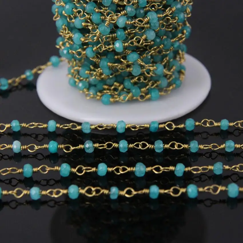 

3x4mm Light Blue Malaysia Jades Faceted bead Rosary Chain,Jaspers Rondelle Link Brass Tone Wire Wrapped Chains DIY Necklace