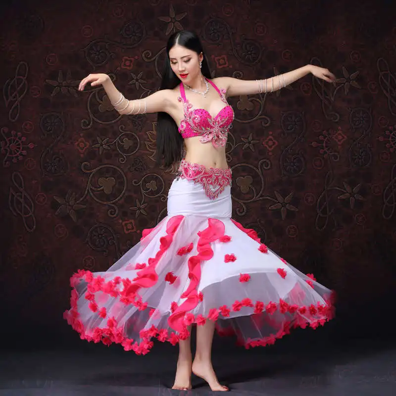 Pink Bra Belt Skirt Ropa живота Танцы костюм комплект из 3 предметов блестящие стразы костюм для восточного танца костюмы для Для женщин юбки для танца живота бюстгальтер пояс - Цвет: Pink Bra Belt Skirt
