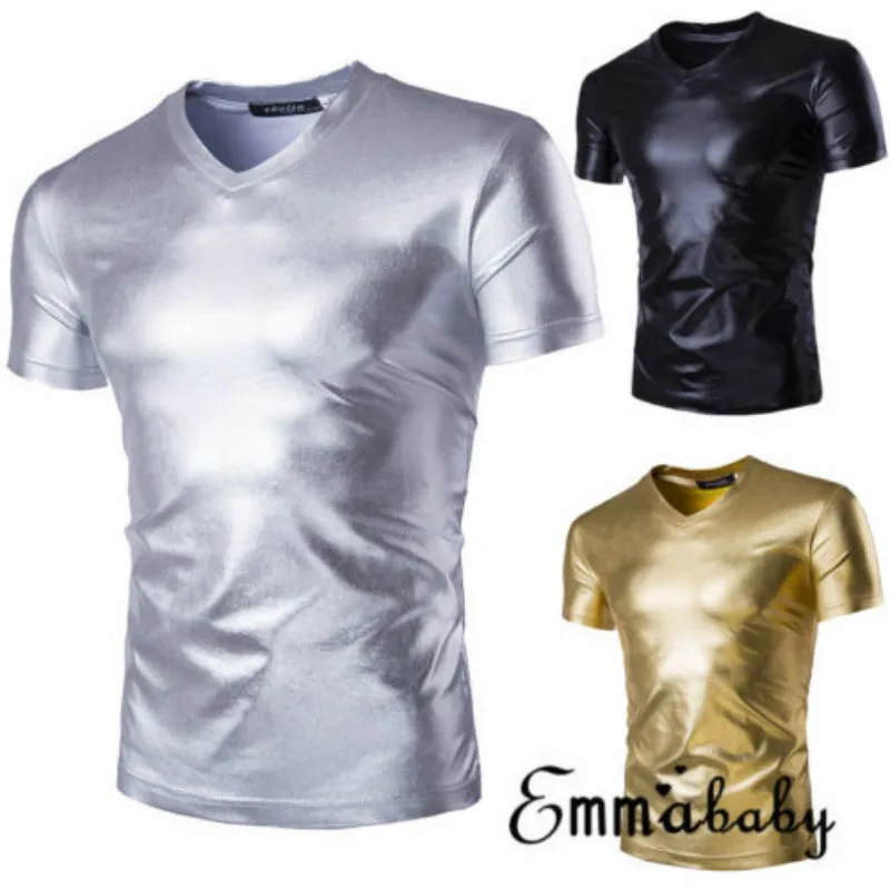 2018 emmaaby Мужская Блестящая футболка металлик с коротким рукавом облегающие