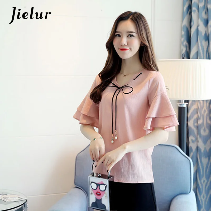 

Jielur Lace-up Bow Ruffles Flare Sleeve Chiffon Shirt Summer V-neck Solid Color Basic Blusas Feminino S-XXL Loose OL Tops Female