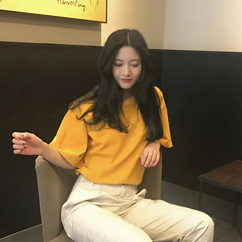 Short-sleeve T-shirt women 2019 summer new simple solid color round neck pullover student Korean version thin tide | Женская одежда