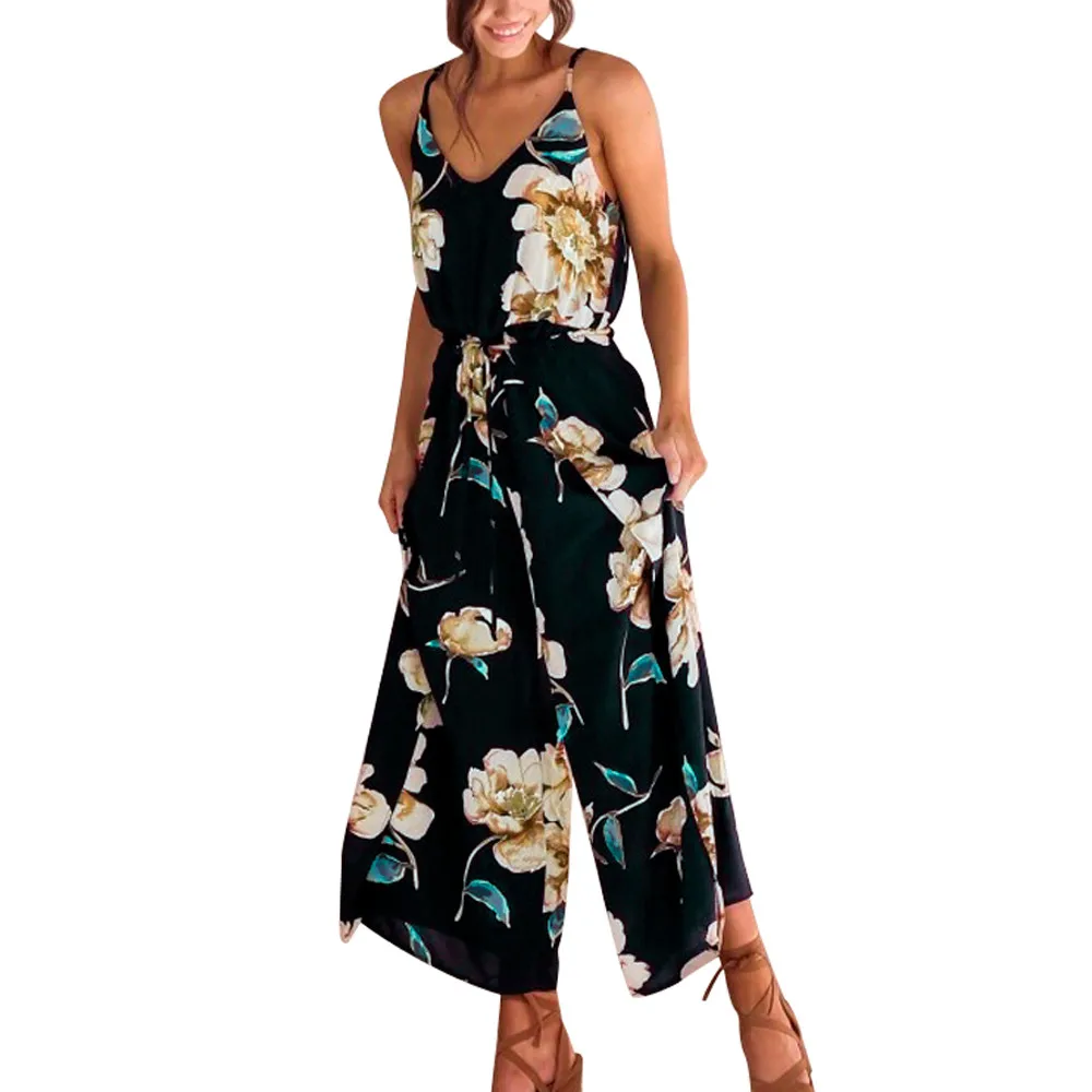 Женский комбинезон на бретельках с цветочным принтом длинные брюки летние