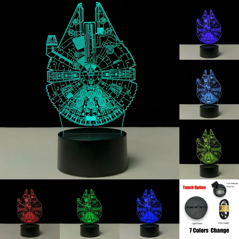 Мультфильм Тысячелетний сокол Звездные космический корабль 3D лампа светодиодный USB Ночной светильник сенсорный RGB светодиодной вспышкой светильник тумбочка настроение гаджет игрушки для детей