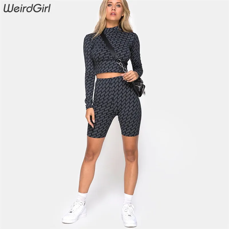 Weirdgirl женский спортивный костюм из 2 предметов, Повседневная модная одежда для спортзала фитнеса, спортивный костюм, шорты с длинными рукавами, леггинсы с круглым вырезом для тренировок - Цвет: Черный