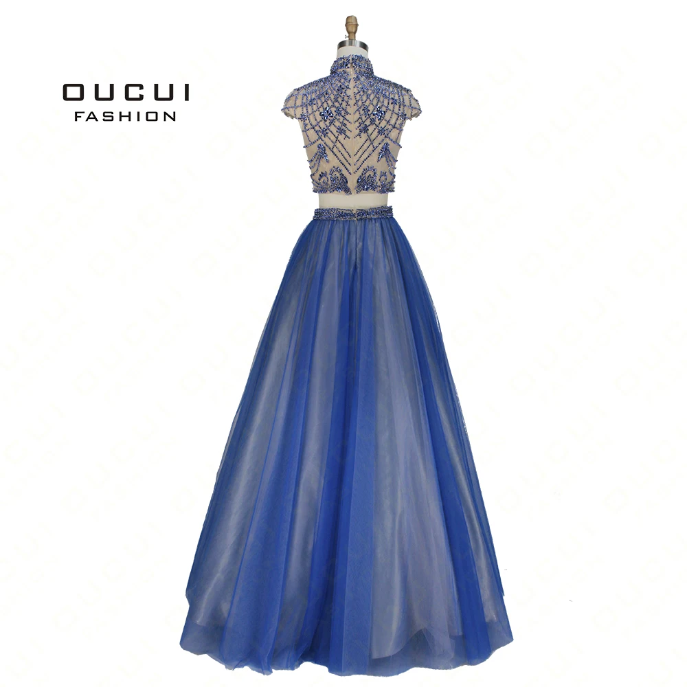 

Real Photos Cap Sleeves Ball gown Long Prom Crystal Evening Dress two piece Dress High Neck Tulle Beading Handmade OL102990