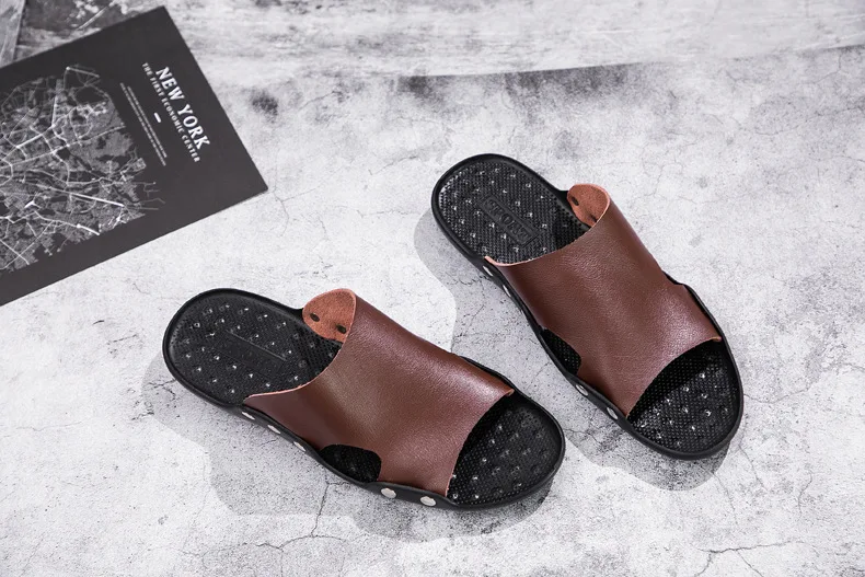 Mazefeng Summer Genuine Leather Slippers High Quality Men Sandals Rivet Beach Mens Slippers Platform Male Sandals Rubber Shoes