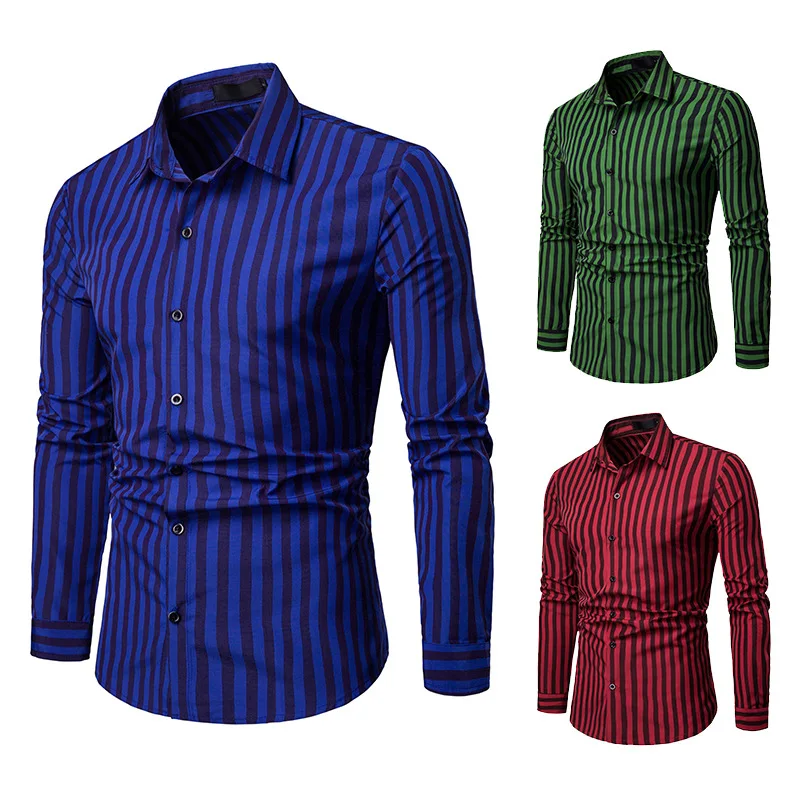 2019 Men Casual Long Sleeved Striped Shirt Slim Fit Male Oxford Textile Business Dress Brand Clothing | Мужская одежда