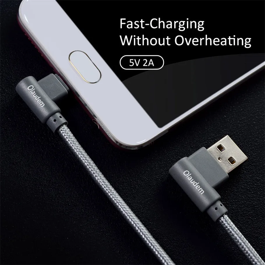 Olaudem Micro USB кабель 90 градусов 2 м нейлоновый Плетеный 2A 5 В шнур для зарядки Дата