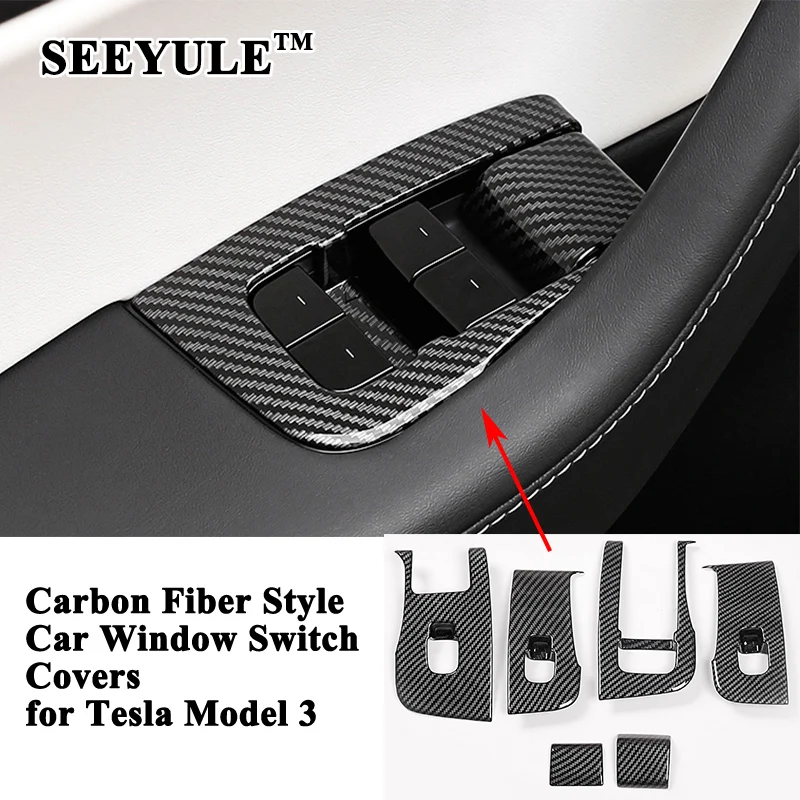 

SEEYULE Стайлинг из углеродного волокна, стильная панель переключателя управления окном автомобиля, декоративная наклейка, аксессуары для Tesla ...