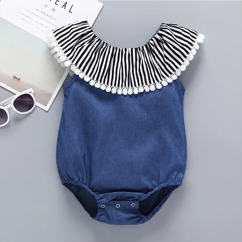 Новый стиль 2019 джинсовый милый женский комбинезон из хлопка с кружевом|Ромперы| |