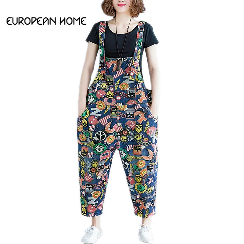 Женский джинсовый комбинезон Свободный Повседневный с тонким принтом большие