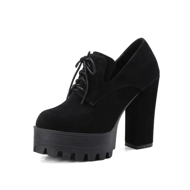 Женские туфли из флока PXELENA черные на квадратном каблуке шнуровке в стиле ретро