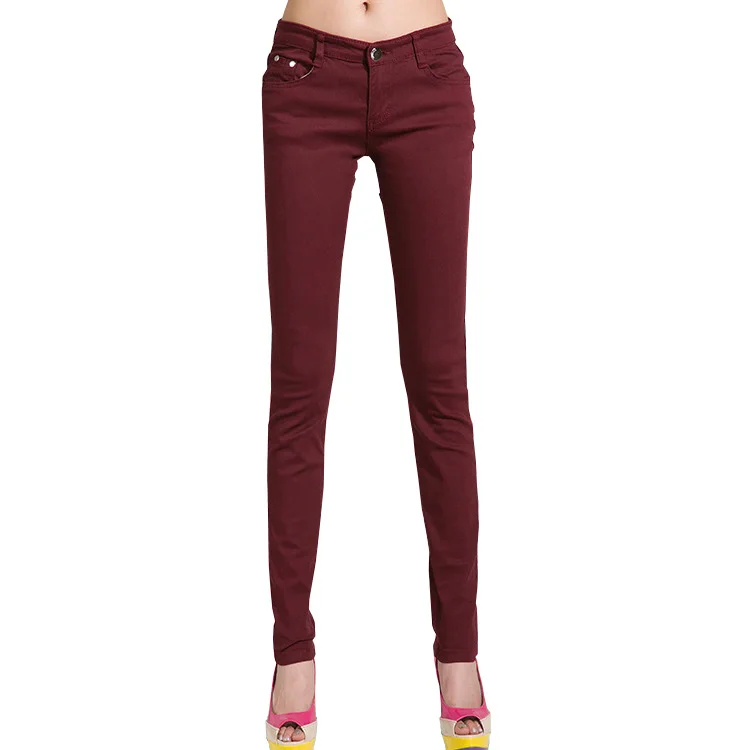 Wine Red Jeans Женские джинсы, яркие брюки, узкие джинсы, женские эластичные облегающие брюки, средняя талия, полная длина, на молнии, Стрейчевые узкие женские штаны - Цвет: Wine Red Jeans