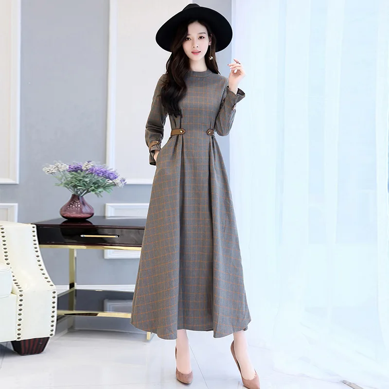 Длинное платье с круглым вырезом и узором в клетку осень 2020|big dress|fashion long dresslong dress |