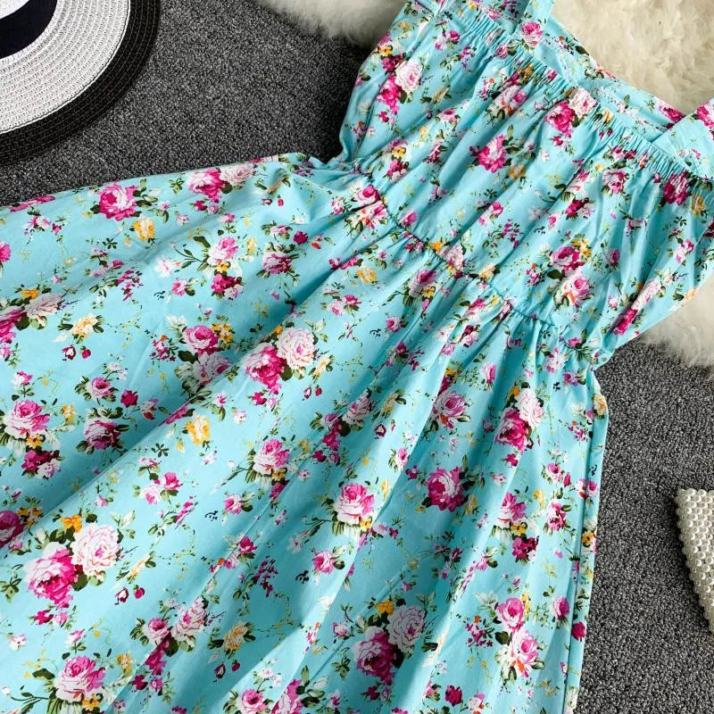 

Vintage Blue Floral Printed Women High Waist A-line Mini Summer Dress 2019 Boho Chic Dress