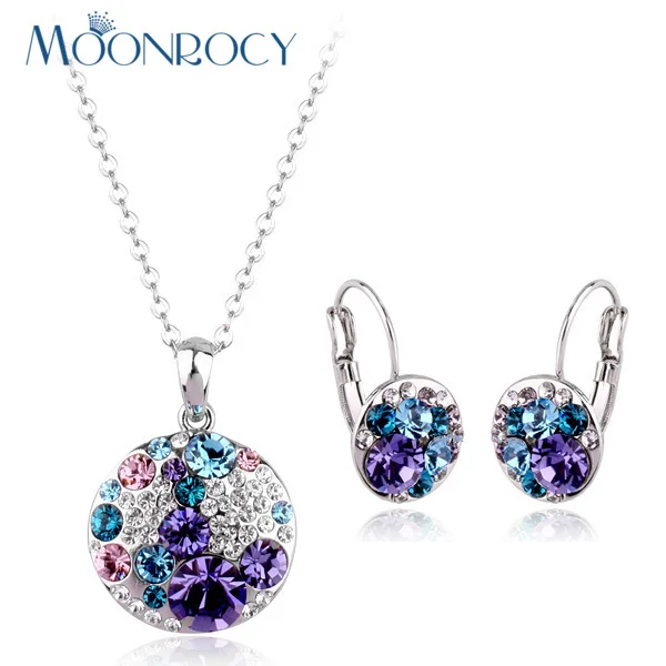 

MOONROCY Free Shipping fashion crystal Silver Color necklace and earrings Jewelry set Zirconia Purple Jewelr for women Gift