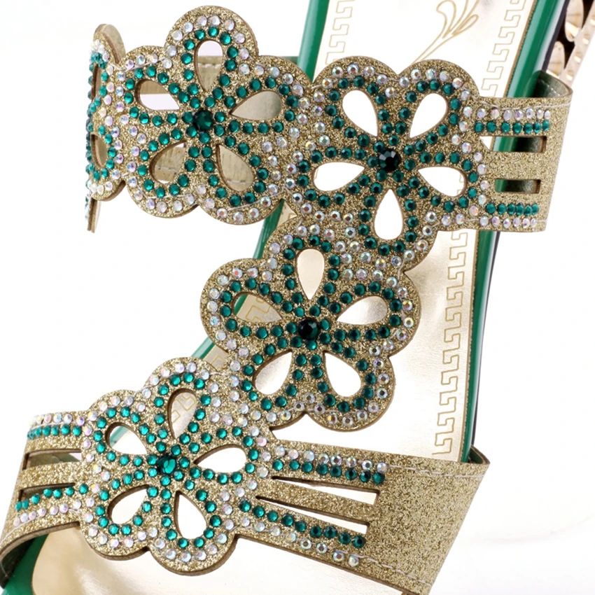 Высокое качество! Женские сандалии со стразами зеленого абрикосового синего