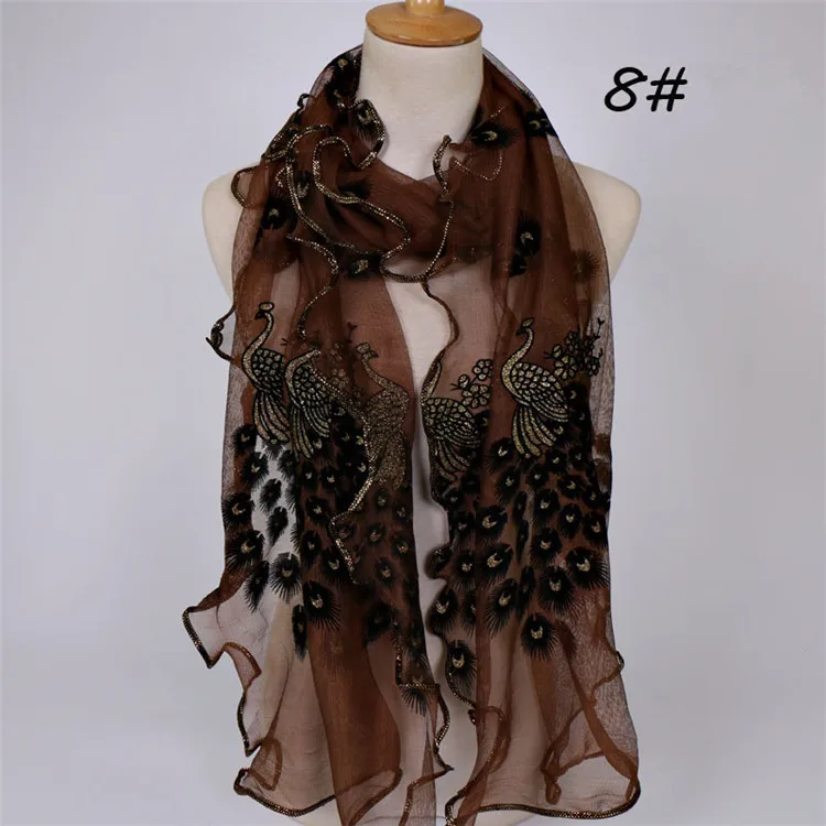 J077 8 Coffee YRRETY, дизайн, Женский шифоновый павлиньи перья цветы, вышитый кружевной стильный шарф, Длинный мягкий шарф, шаль, женский шарф - Цвет: J077 8 Coffee