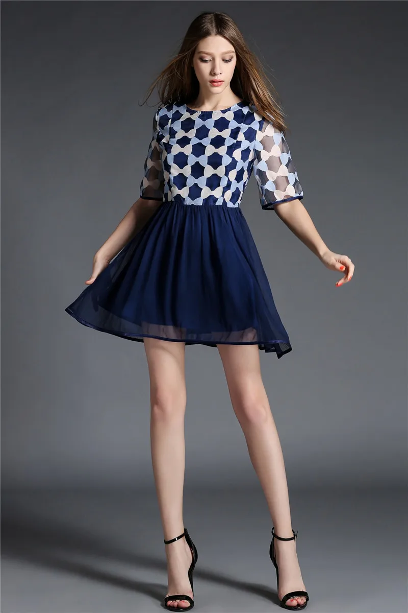 Платье шифон лето тёмно-синий узор в горошек платья одежда женщины свободного