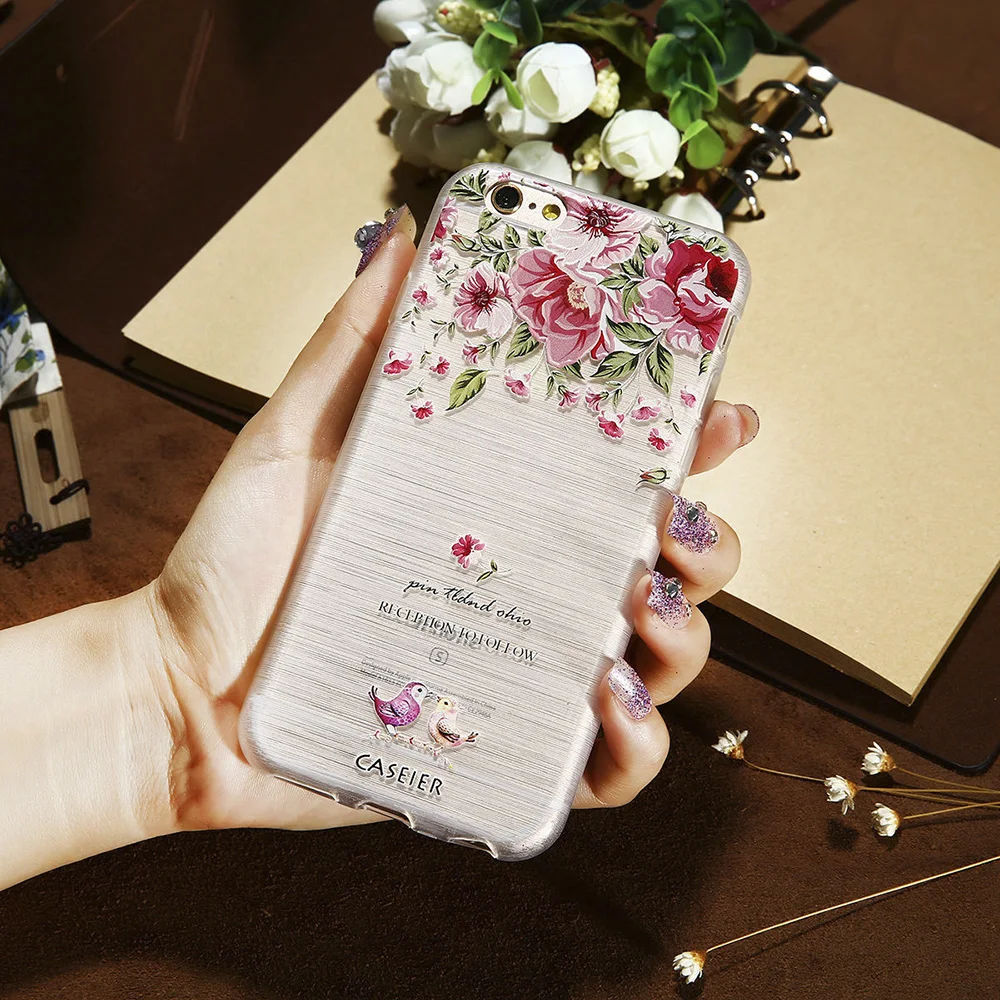 Чехлы CASEIER с рельефным рисунком цветов для iPhone 5 5S SE 6 6s 7 Plus мягкий чехол милыми