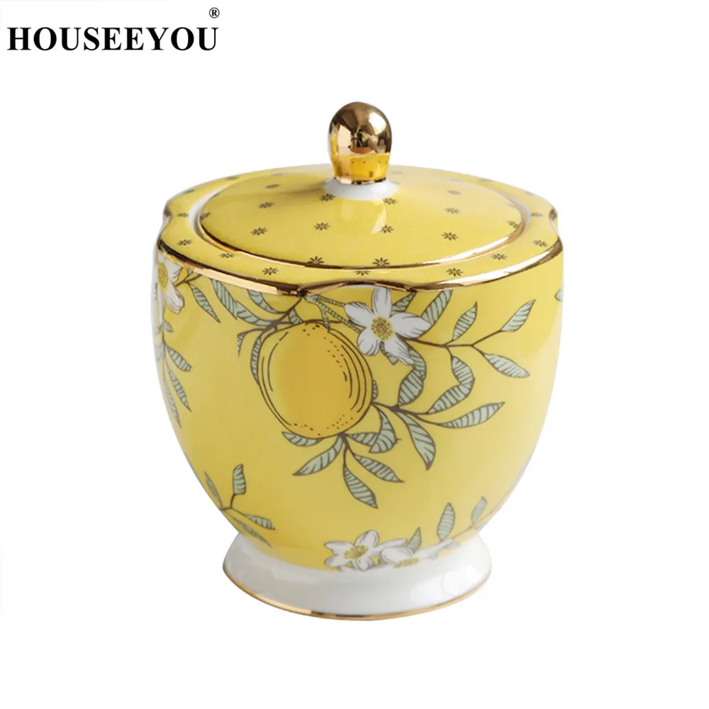 Sugar Bowl HOUSEEYOU, британская послеобеденная черная чайная чашка, блюдце, набор, высокое качество, костяной фарфор, лимонный цвет, цветочный узор, классический английский кофейный набор - Цвет: Sugar Bowl