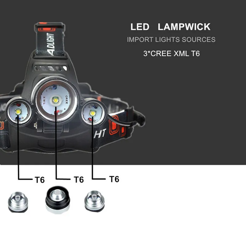 Супер яркий налобный фонарь 3 LED головной свет T6 Zoom 4 модель лампа с батареей 18650
