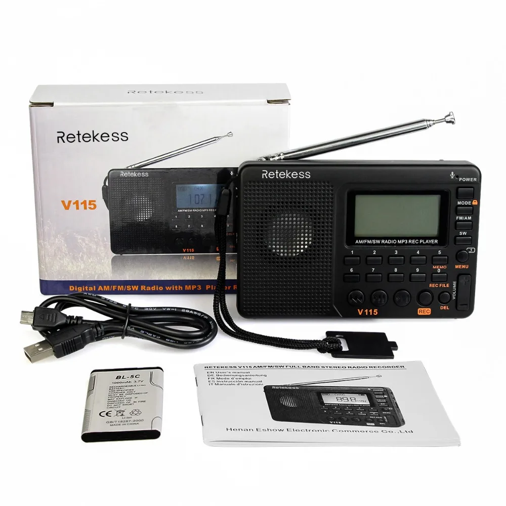 10 шт. Retekess V115 FM/AM/SW радио приемник бас звук MP3 плеер REC рекордер портативный с