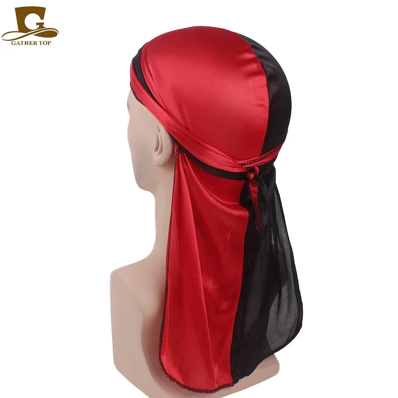Фото Новинка модные двухцветные мягкие атласные Durag мужские шелковые Лоскутные прочные банданы-тюрбан головной убор аксессуары для волос №5