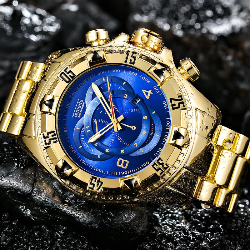 Temeite Golden Luxury Brand Men Watches Fashion Blue Face Waterproof Stainless Steel Watch Big Size Male Quartz Clock Wristwatch