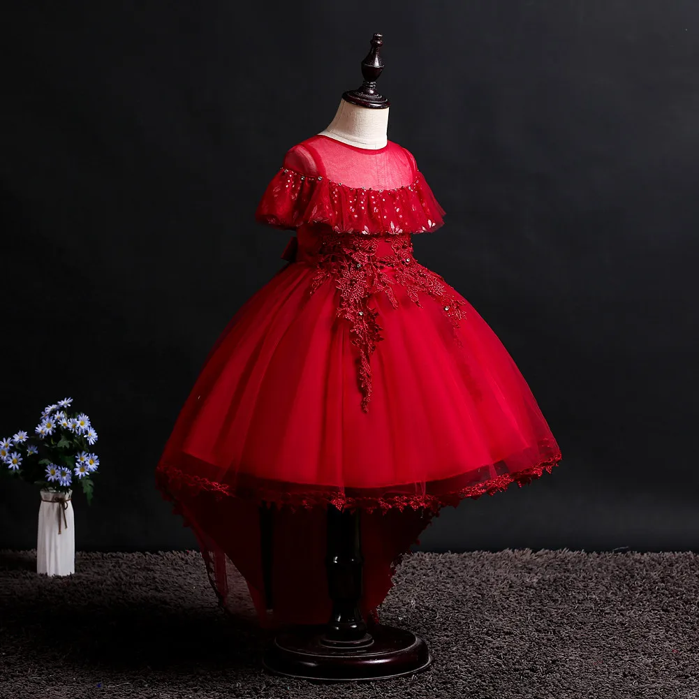 Fashion Short Front Long Back Children Birthday Party Dresses Girls New Red White Purple Flower Girl Wedding Dress for Kids | Детская