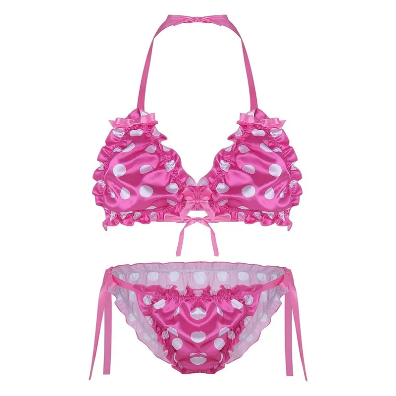 Мужской гофрированный Frilly Блестящий гладкий горошек Strappy Сисси набор белья бикини без косточек Холтер бюстгальтер топ с трусами нижнее белье