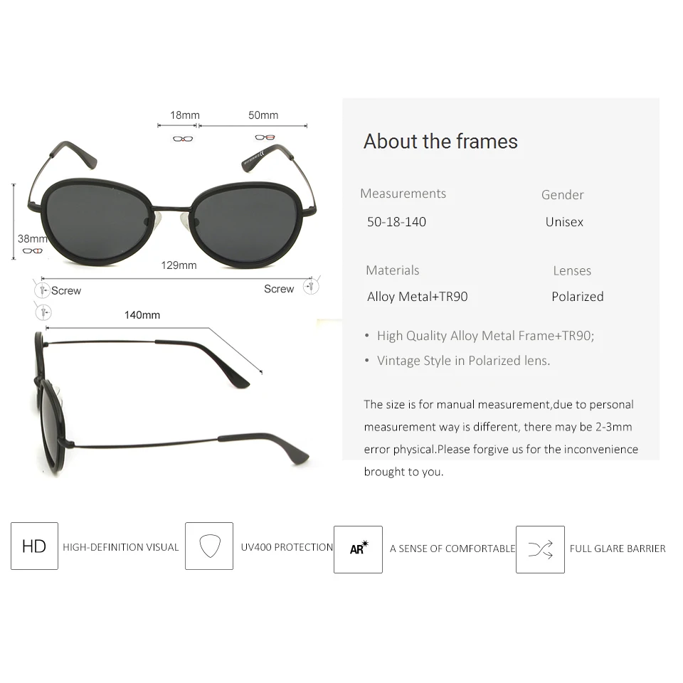 TR90 Plastic Titanium Small Round Glasses Women Sunglasses Polarized Uv400 Sun Glasses Female Vintage Shades Oculos De Sol
