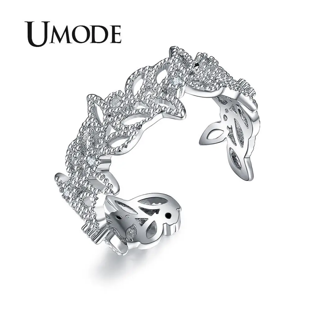 Женские регулируемые кольца UMODE открытые белого и золотого цвета с листьями