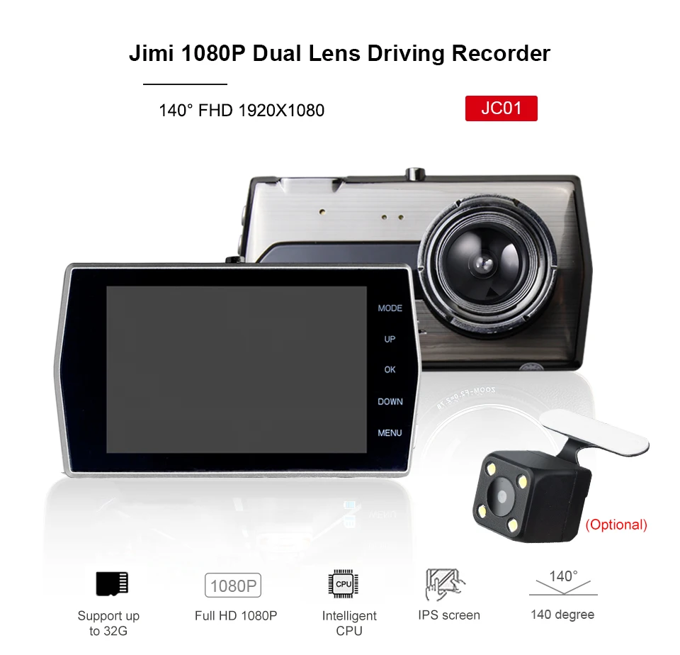 Jimi 1080P JC01 Двойной объектив Dash Cam с Ночное видение Full HD Видеорегистраторы для автомобилей с 4 дюймовый светодиодный Экран easyinstallation G-Сенсор доступ к автомобилю