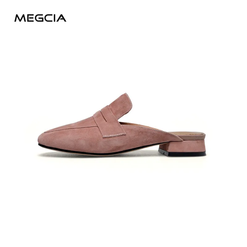 Suede Pink MEGCIA ; женские шлепанцы; женские сандалии из натуральной кожи Шлёпанцы обувь Для женщин круглый носок замшевые Тапочки низкий каблук Повседневная обувь новые модные MM906 - Цвет: Suede Pink