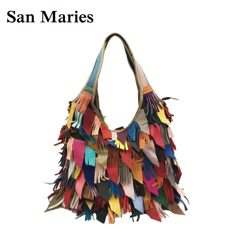 San Maries, цветная женская сумка, модные сумки, женские сумки, известный бренд,, пэчворк, натуральная кожа, с кисточками, женские вместительные сумки