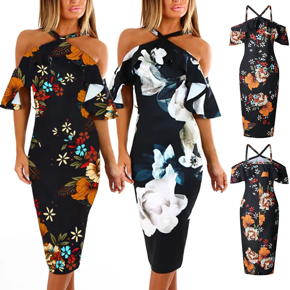 Женское Цветочное платье с открытыми плечами облегающее для коктейльных