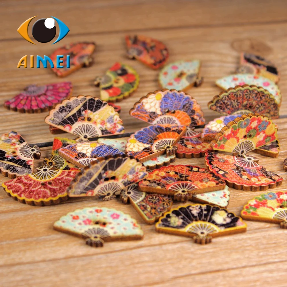 

50pcs/lot Fan Painting Wooden Buttons With Fan Shape For Clothing Decorative Buttons For Handwork Gift Sewing Button