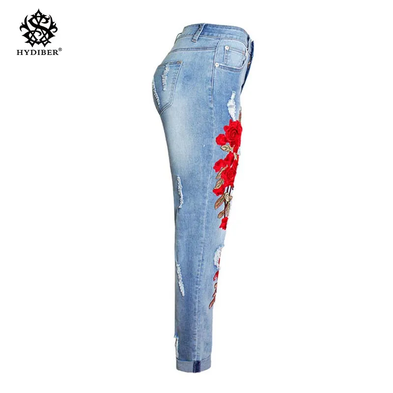 2018 New Plus Size Stretchy Ripped Jeans With Scuffs 3D Embroidery Flowers Woman Denim Pants Trousers For Women 4-S-AM081 |