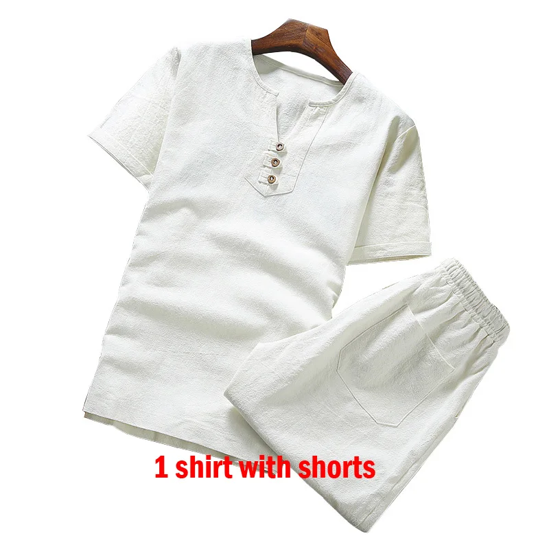 White with shorts MFERLIER, летняя мужская рубашка, большой размер 5XL 6XL 7XL 8XL 9XL, хлопок, лен, обхват груди 105-155 см, мужская рубашка, 5 цветов - Цвет: White with shorts