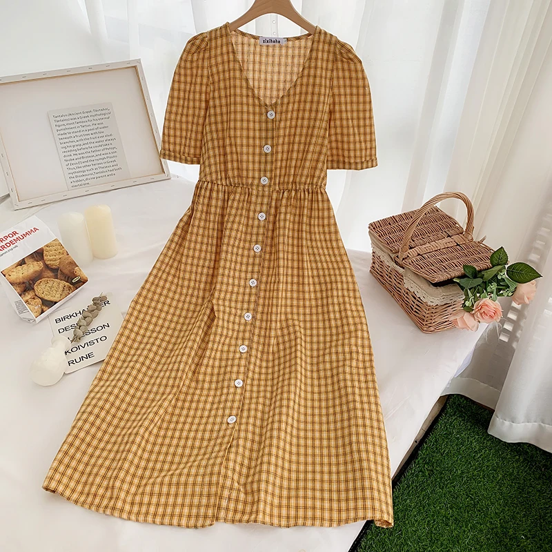 Yellow Клетчатые платья летние женские корейские японские консервативные Стильные платья с v-образным вырезом розовые красные вечерние винтажные платья-рубашки с цветочным принтом из хлопка - Цвет: Yellow