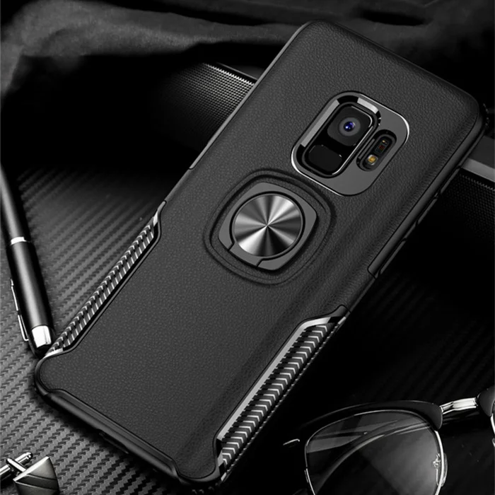 Для samsung Galaxy S8 S9 Plus Note 8 9 чехол из искусственной кожи с кольцом-держателем автомобильное магнитное крепление TPU Защитный чехол для J4 J6 J8 A8 плюс A7 A9 - Color: black